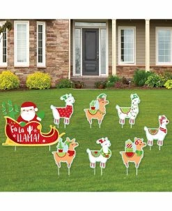 Big Dot Of Happiness Llama Christmas Santa Sleigh - Lawn Decor - Holiday Yard Signs - Set Of 8