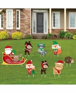 Big Dot Of Happiness Woodland Christmas Santa Sleigh - Lawn Decor - Holiday Yard Signs - Set Of 8
