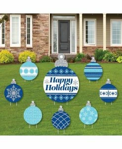 Big Dot Of Happiness Lue & Silver Ornaments - Lawn Decor - Holiday & Christmas Yard Signs - Set Of 8