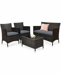 Costway 4 PCS Outdoor Patio Rattan Furniture Set Table Shelf Sofa
