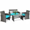 Costway 4PCS Patio Rattan Furniture Set Conversation Glass Table Top Cushioned