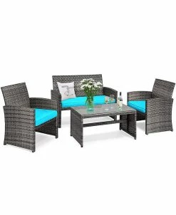 Costway 4PCS Patio Rattan Furniture Set Conversation Glass Table Top Cushioned