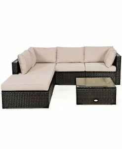 Costway 6PCS Outdoor Patio Rattan Furniture Set Cushioned Sectional Sofa Ottoman