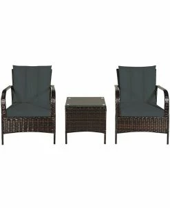 Costway 3 PCS Patio Rattan Furniture Set Coffee Table & 2 Rattan Chair