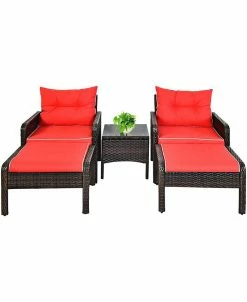 Costway 5 PCS Rattan Wicker Furniture Set Sofa Ottoman W/Brown Cushion Patio Garden Yard