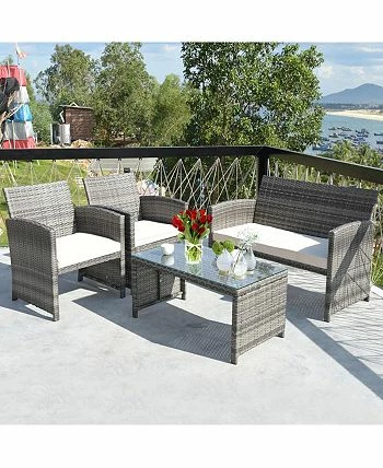 Costway 4PCS Patio Rattan Furniture Set Conversation Glass Table Top Cushioned Sofa - Image 2