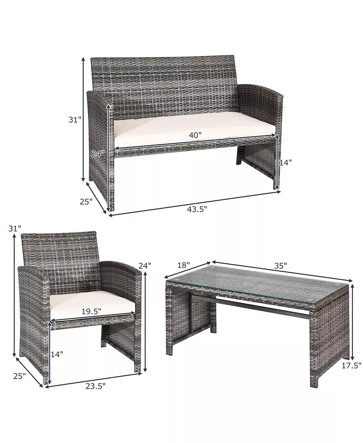 Costway 4PCS Patio Rattan Furniture Set Conversation Glass Table Top Cushioned Sofa - Image 3