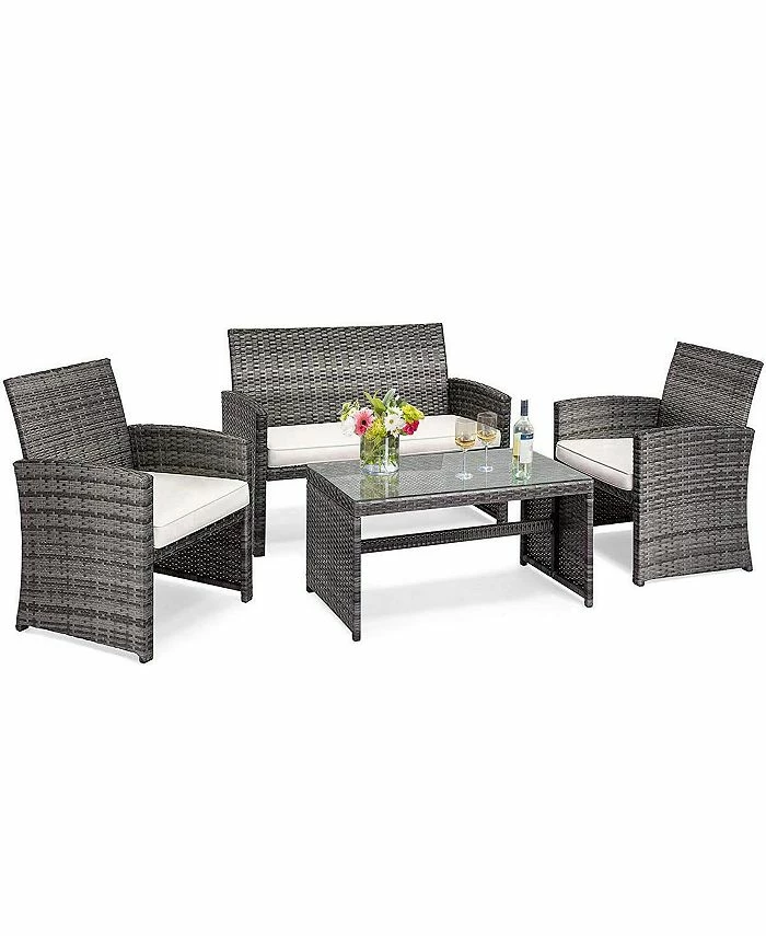 Costway 4PCS Patio Rattan Furniture Set Conversation Glass Table Top Cushioned Sofa