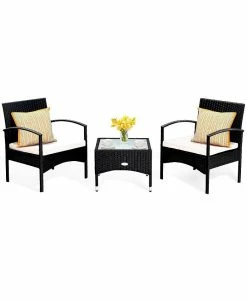Costway 3 PCS Furniture Set Table & 2 Chair Patio Wicker Rattan W/Cushion