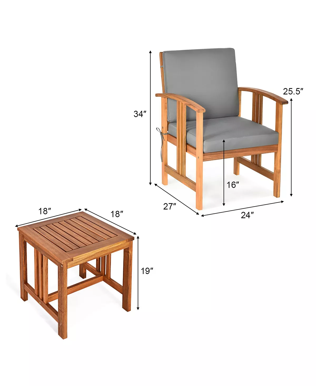 Costway 3PCS Solid Wood Patio Furniture Set Table&Chairs - Image 2