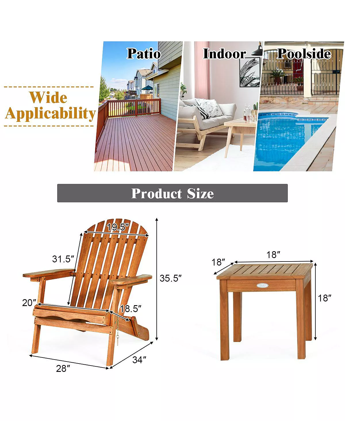 Costway 3PCS Patio Wooden Adirondack Chair Table Set Folding Seat Furniture Garden - Image 3