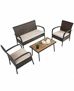 Costway 4PCS Patio Rattan Furniture Set Outdoor Conversation Set Coffee Table W/Cushions