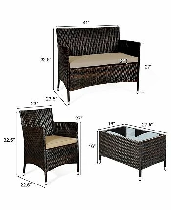 Costway 4PCS Rattan Patio Furniture Set Sofa Chair Coffee Table W/Cushion Outdoor - Image 2