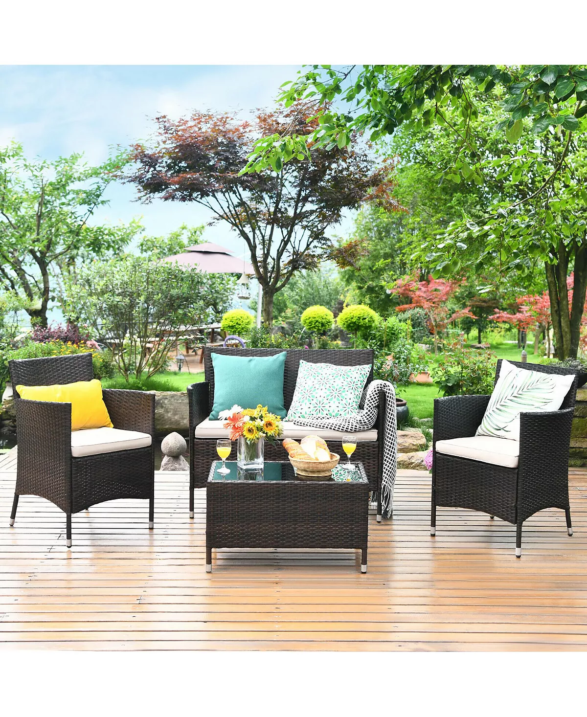 Costway 4PCS Rattan Patio Furniture Set Sofa Chair Coffee Table W/Cushion Outdoor - Image 3