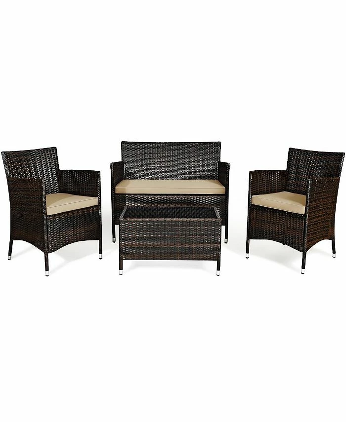 Costway 4PCS Rattan Patio Furniture Set Sofa Chair Coffee Table W/Cushion Outdoor