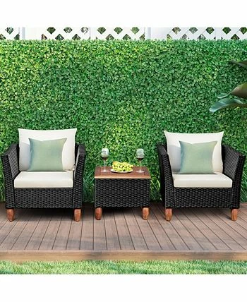 Costway 3PCS Outdoor Patio Rattan Furniture Set Wooden Table Cushioned Sofa - Image 2