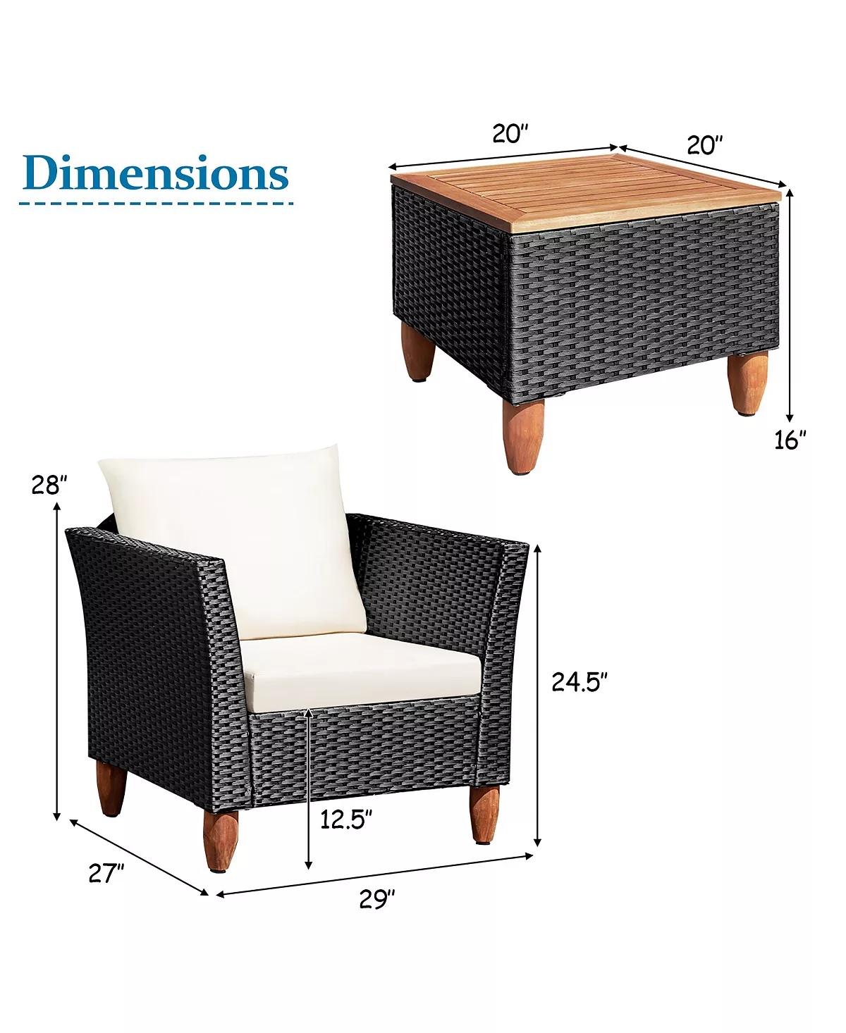 Costway 3PCS Outdoor Patio Rattan Furniture Set Wooden Table Cushioned Sofa - Image 3