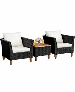 Costway 3PCS Outdoor Patio Rattan Furniture Set Wooden Table Cushioned Sofa
