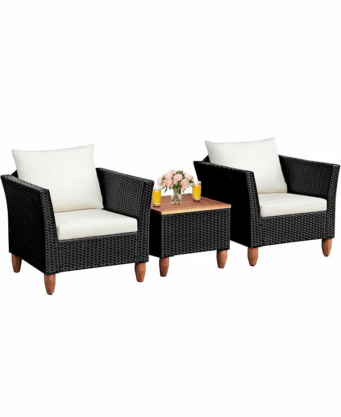 Costway 3PCS Outdoor Patio Rattan Furniture Set Wooden Table Cushioned Sofa
