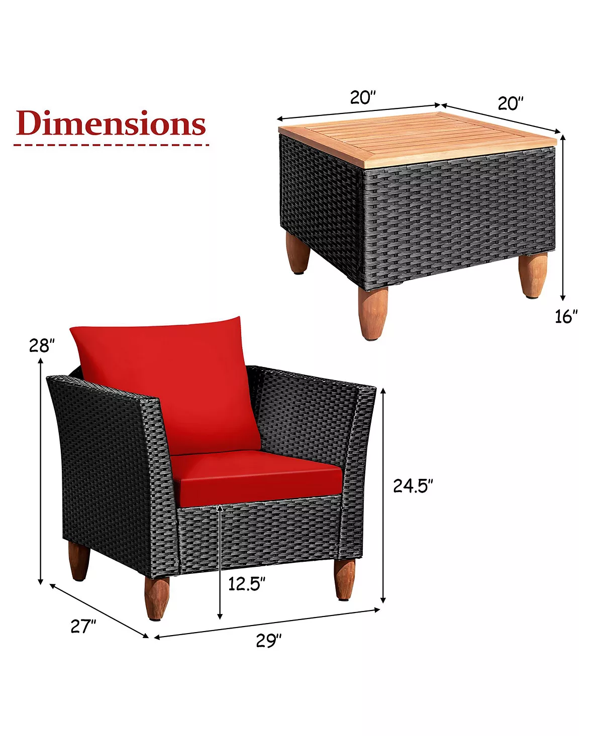 Costway 3PCS Outdoor Patio Rattan Furniture Set Wooden Table Cushioned Sofa - Image 6