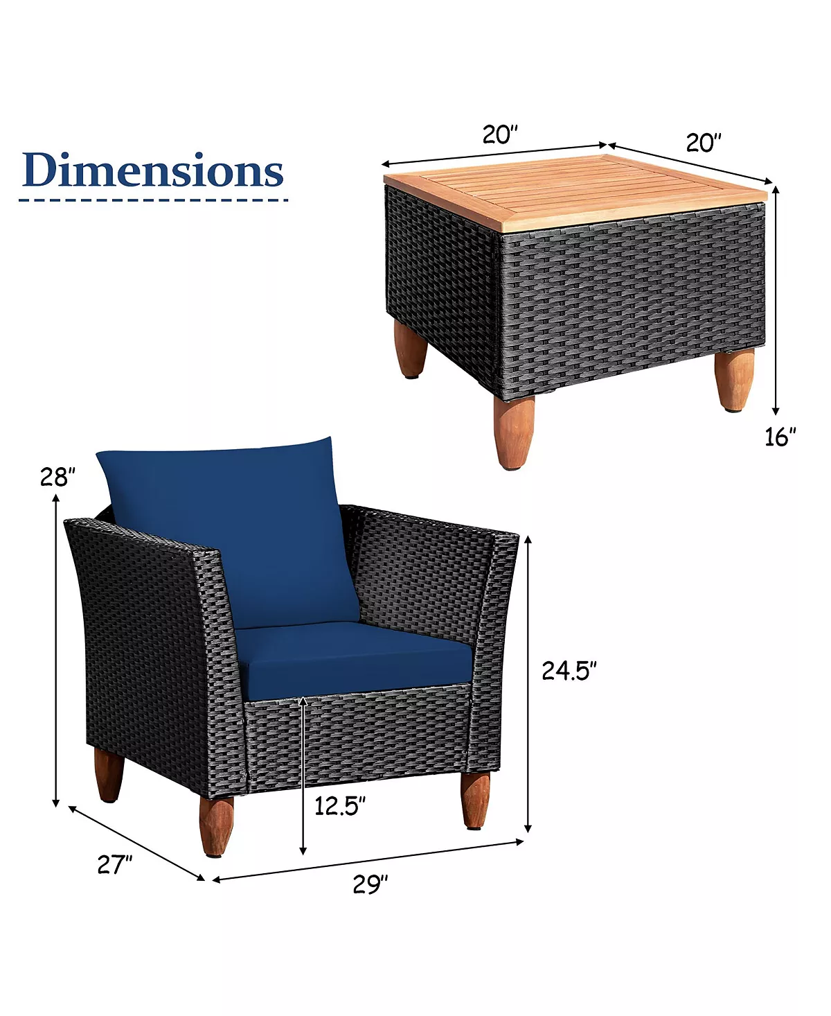 Costway 3PCS Outdoor Patio Rattan Furniture Set Wooden Table Cushioned Sofa - Image 5