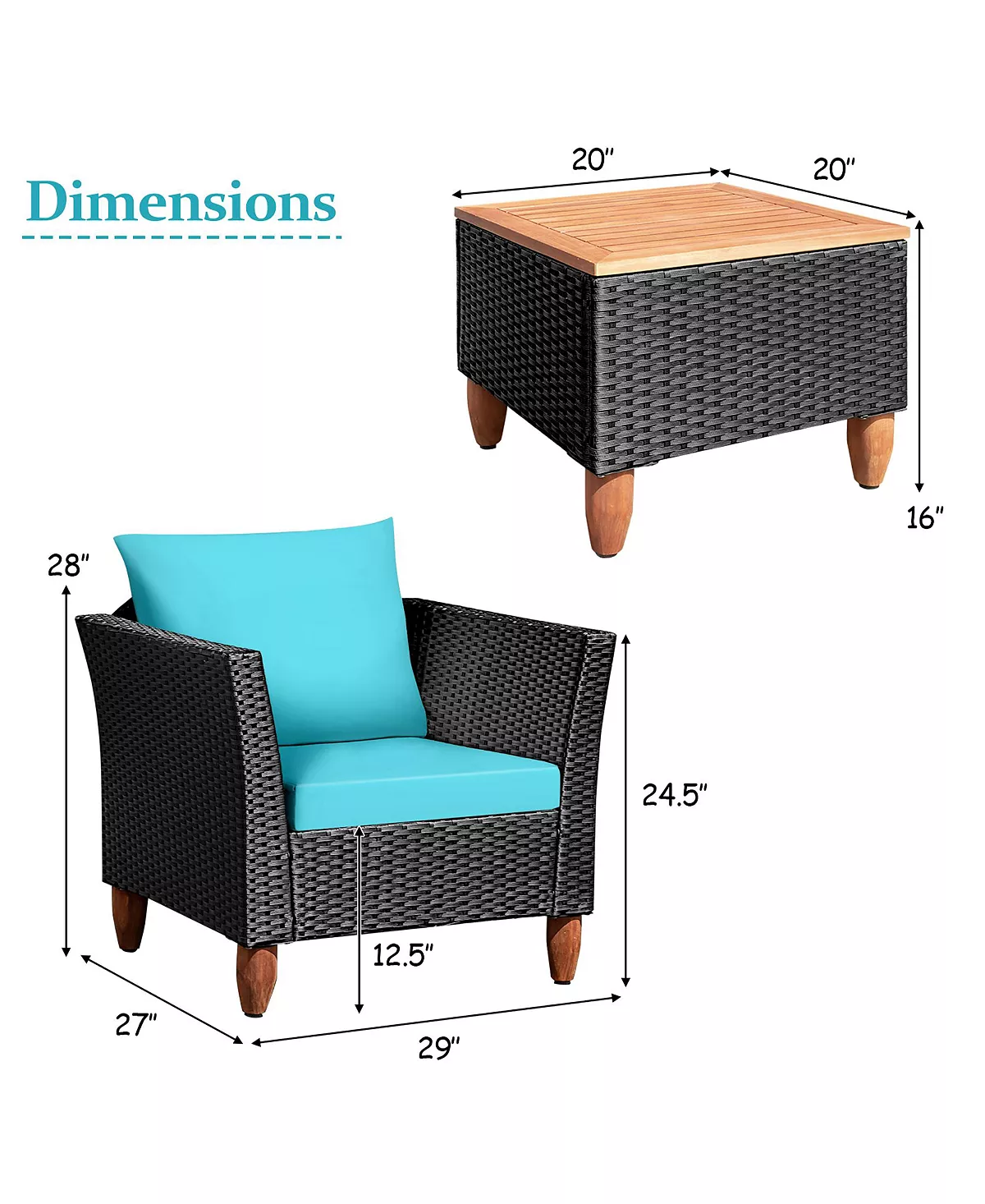 Costway 3PCS Outdoor Patio Rattan Furniture Set Wooden Table Cushioned Sofa - Image 7