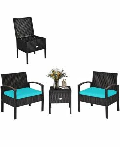 Costway 3PC Outdoor Patio Rattan Furniture Set Storage Coffee Table Cushioned Sofa